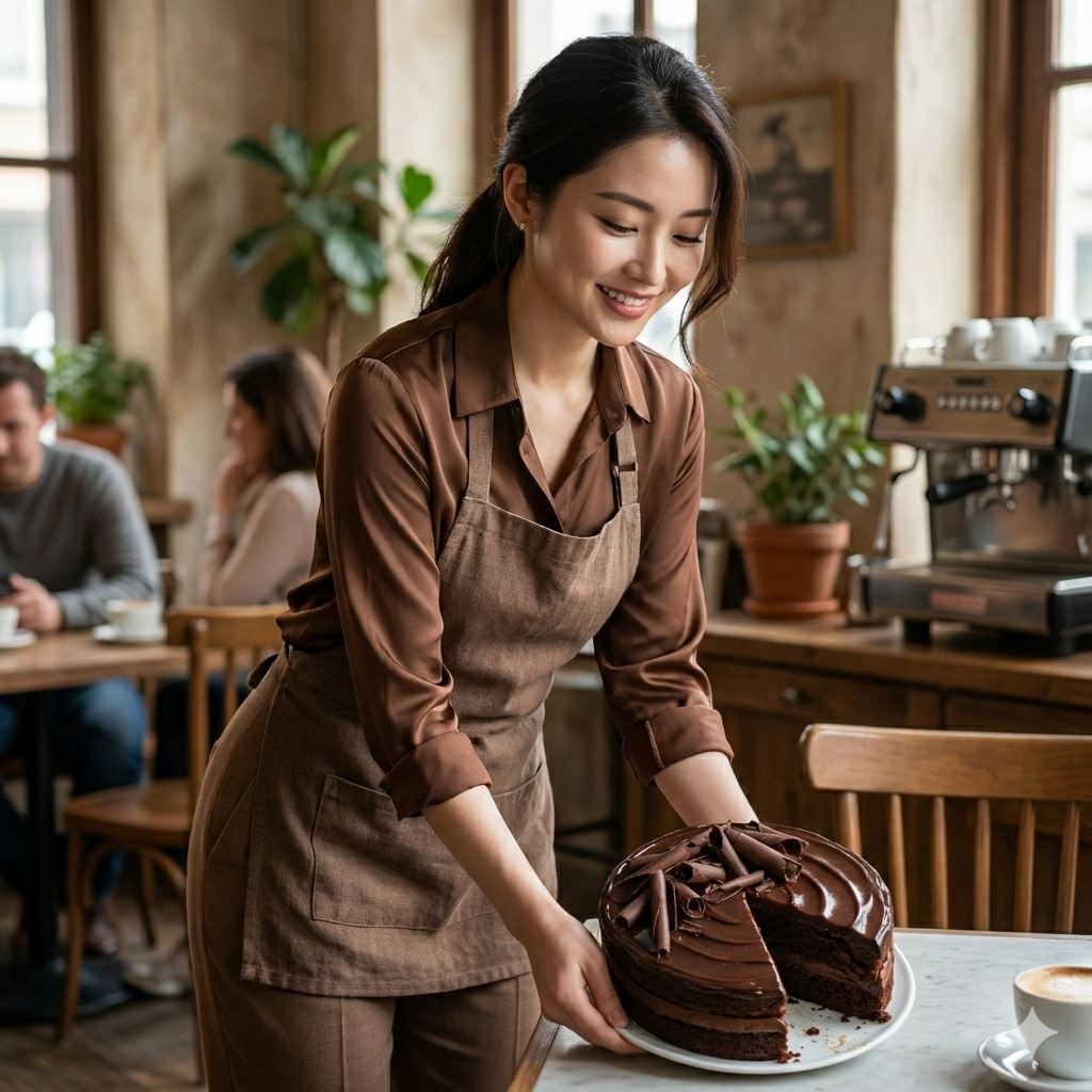 A friendly waitress in a brown apron is placing a rich, multi-layered chocolate cake with ganache and chocolate curls onto a marble table in a cozy cafe setting. The cake has one slice missing, showing the moist layers. In the blurred background are other customers and an espresso machine