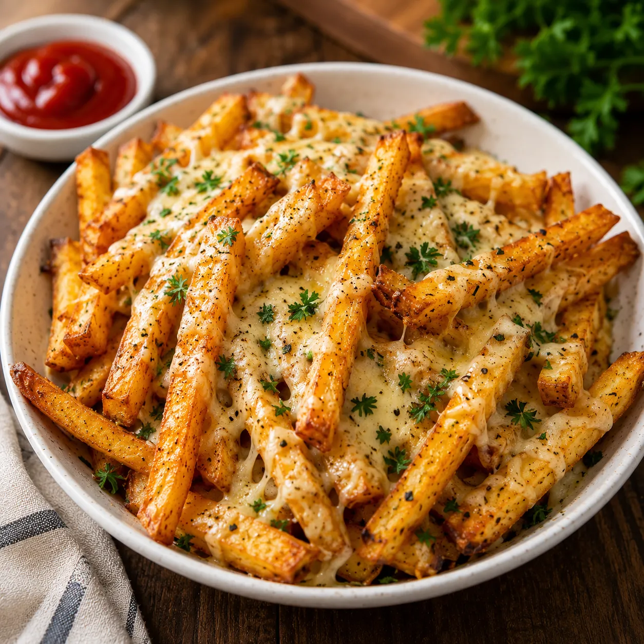Cheesy Air Fryer Fries topped with melted Parmesan cheese and fresh parsley, served hot.