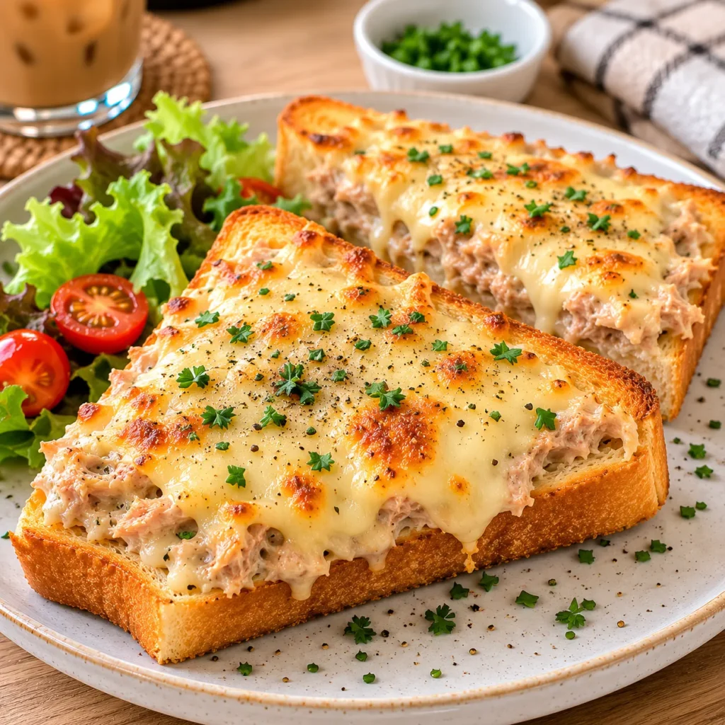 Cheesy Tuna Mayo Toast topped with melted mozzarella cheese on crispy golden toast.