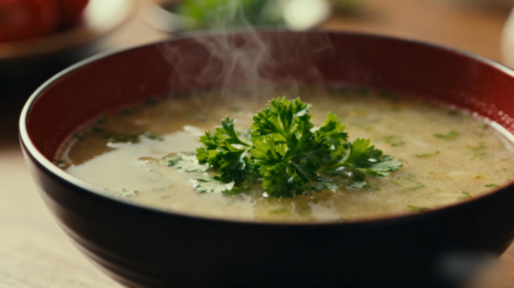 Finished homemade chicken noodle soup with tender chicken, noodles, and vegetables served hot