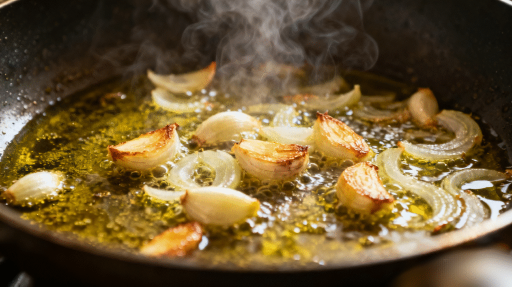 Sautéing onions and garlic with fresh chicken pieces in a large pot for homemade chicken noodle soup