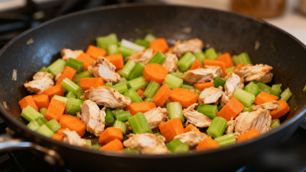 Adding sliced carrots and celery into the pot while cooking chicken noodle soup from scratch