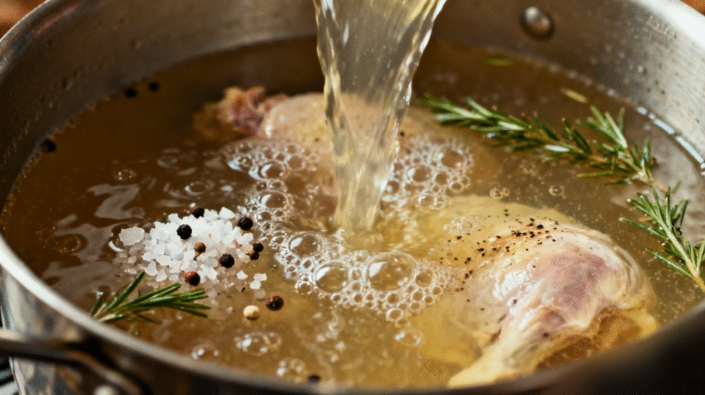 Pouring chicken broth into the pot to create a flavorful base for chicken noodle soup recipe