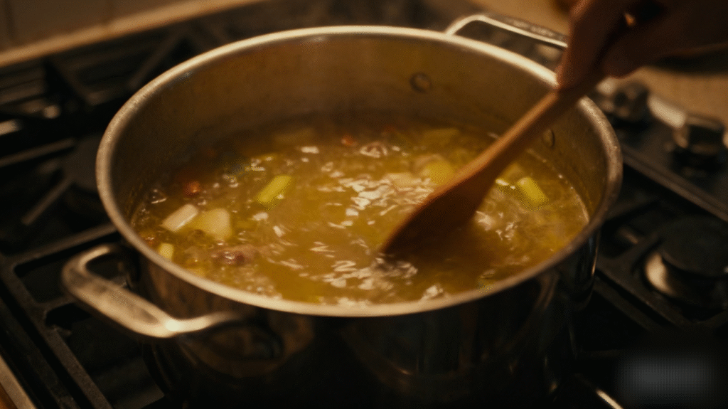 Simmering chicken noodle soup with vegetables and herbs in a pot over medium heat