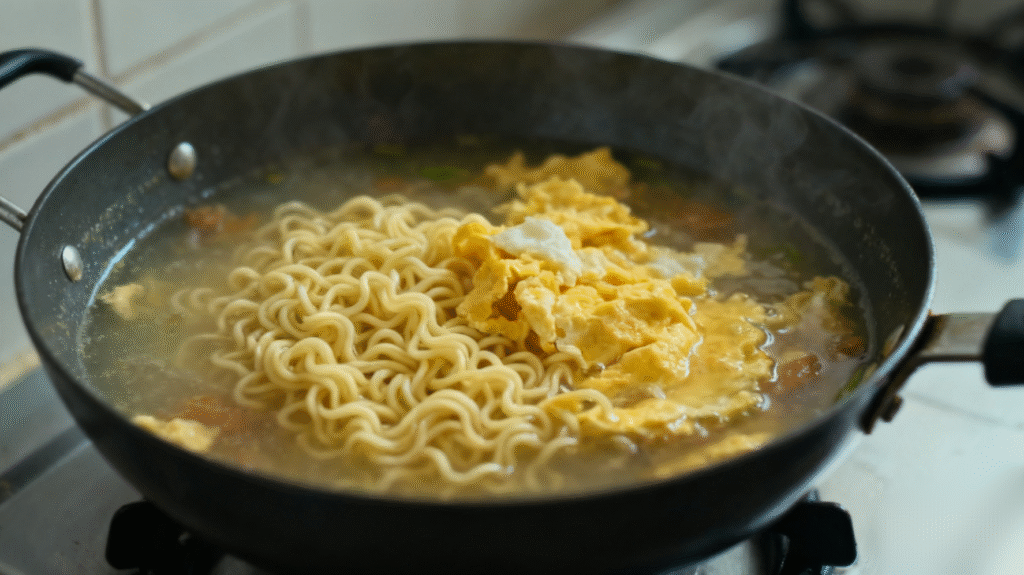 Adding egg noodles into simmering homemade chicken noodle soup for a comforting texture
