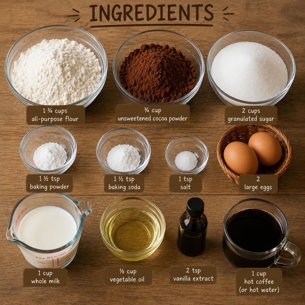 Chocolate cake ingredients including cocoa powder, flour, sugar, eggs, milk, and coffee arranged on wooden table for homemade baking recipe
