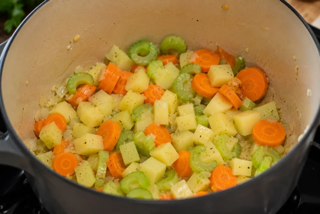 Carrots, celery, and potatoes cooking together in a soup pot before adding broth for Quick Savory Chicken Soup.