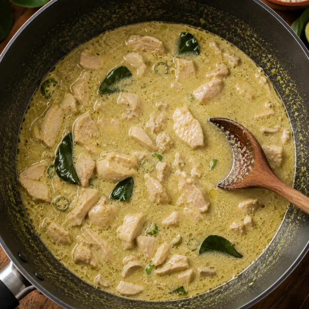 Chicken slices simmering in creamy Thai green curry sauce made with rich coconut milk.