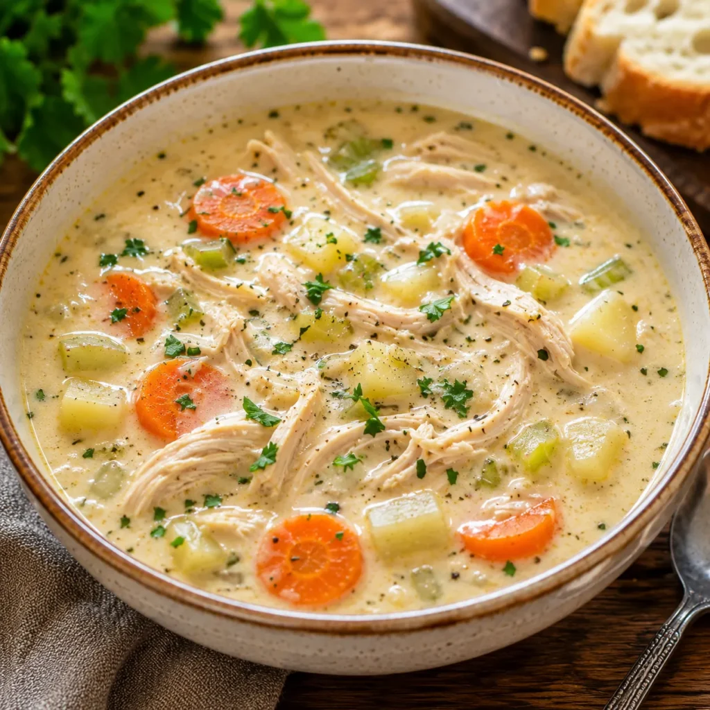 Creamy Quick Savory Chicken Soup with shredded chicken, carrots, celery, potatoes, and parsley served in a ceramic bowl.