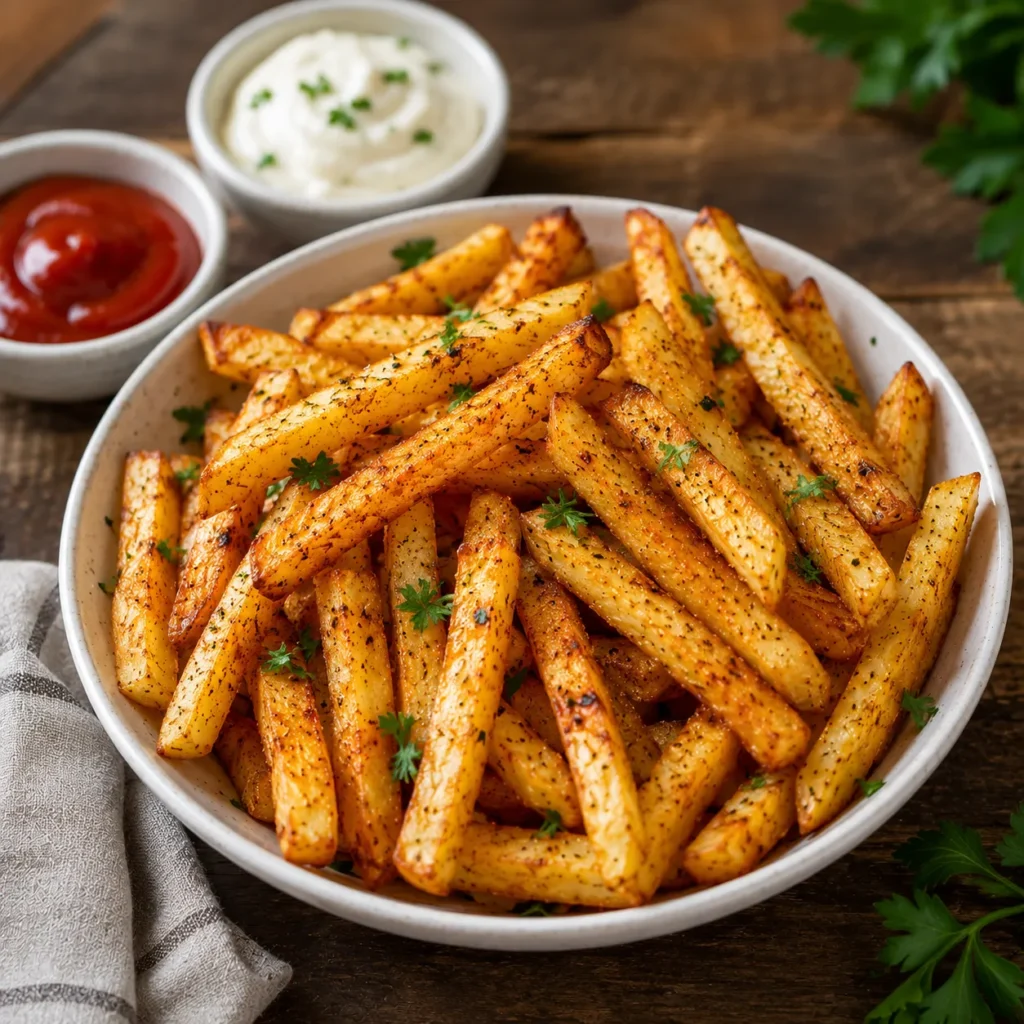 Crispy homemade Air Fryer Fries served with ketchup, garlic aioli, and fresh parsley in a white ceramic bowl.
