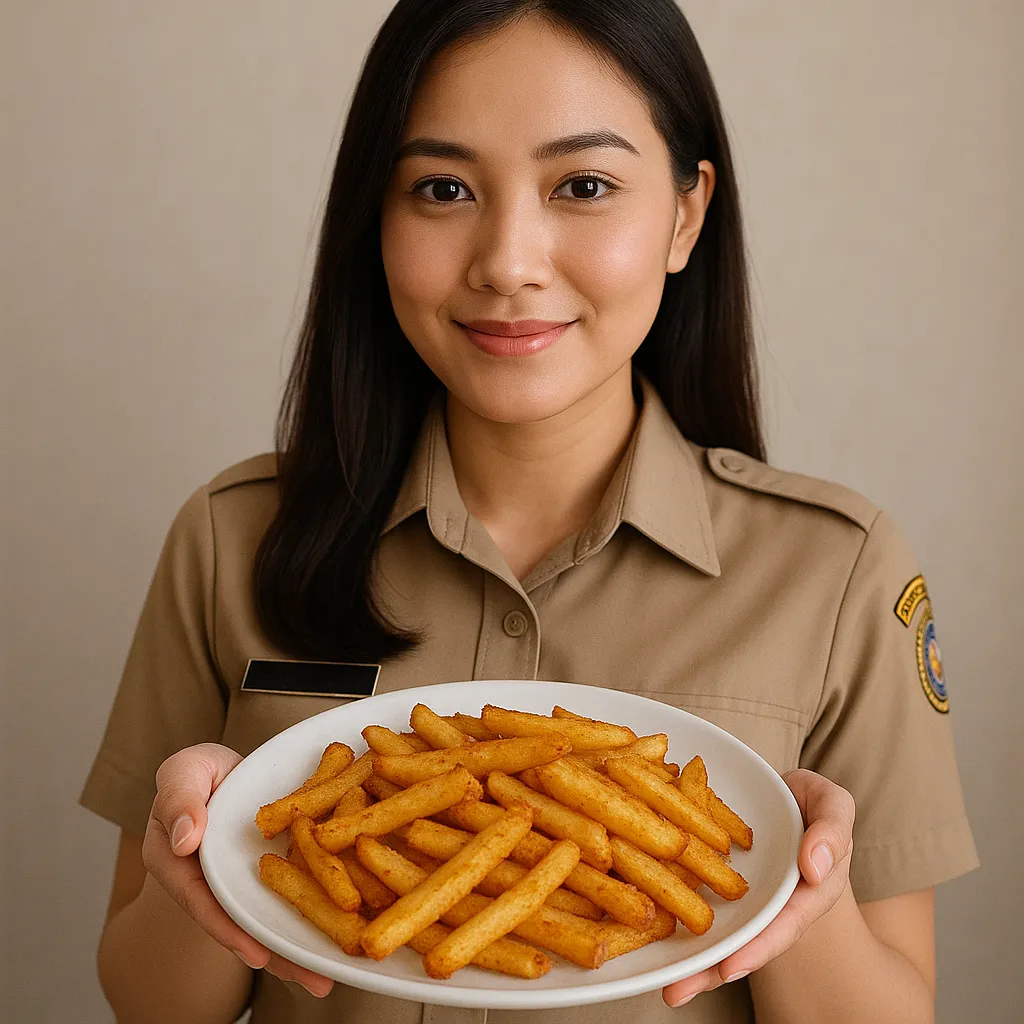 Crispy Air Fry Fries in a plate with warm light hold by woman in uniform