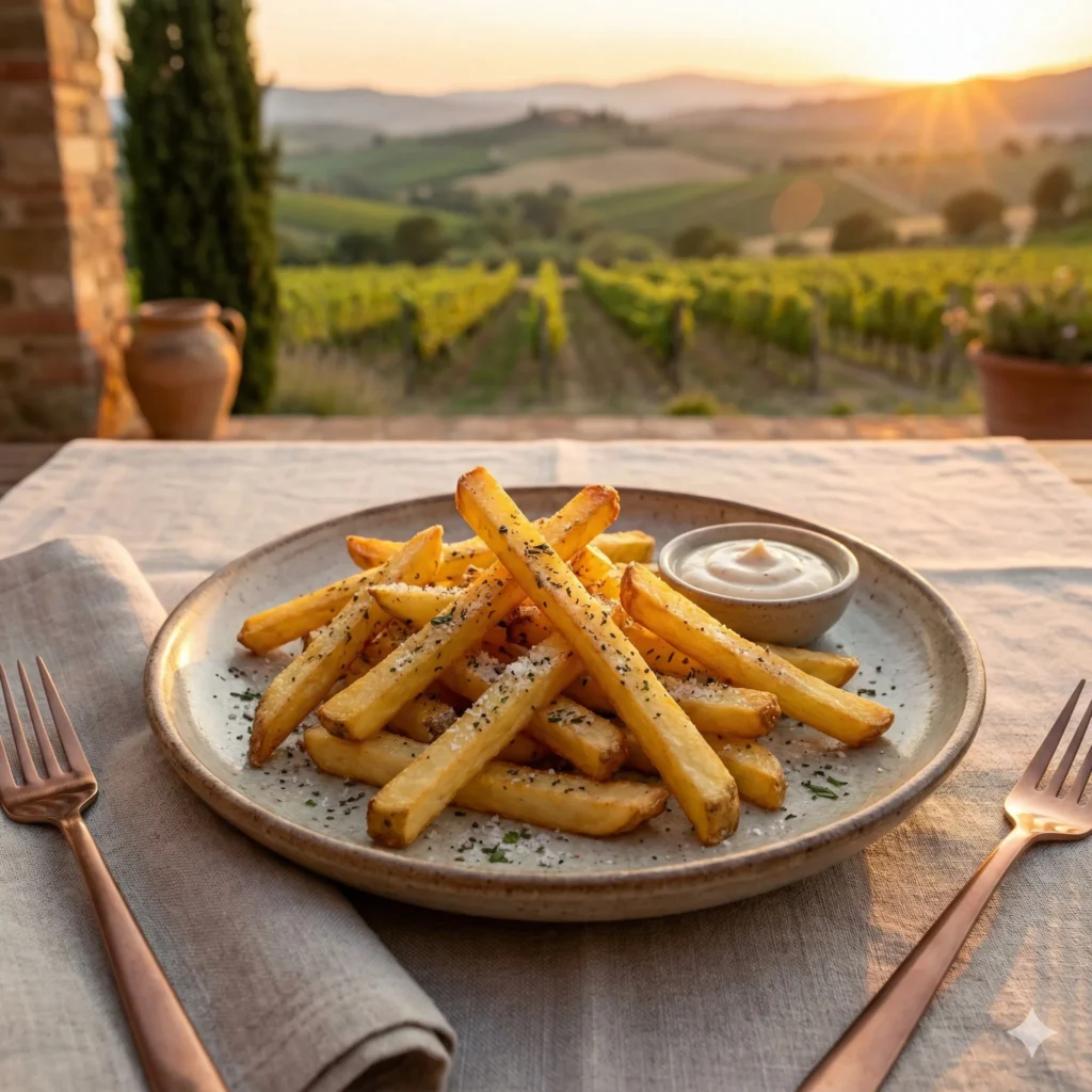 Crispy Air Fryer Fries in a plate with farm view