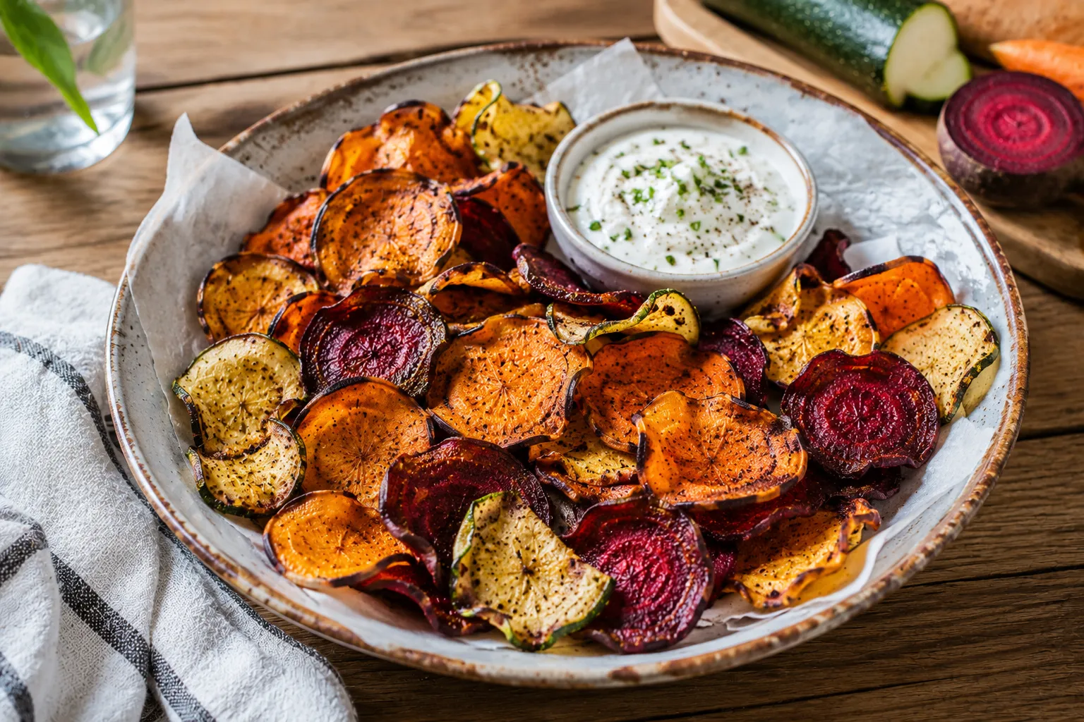 Crispy homemade Air Fryer Veggie Chips served with creamy Greek yogurt dip on a wooden table.