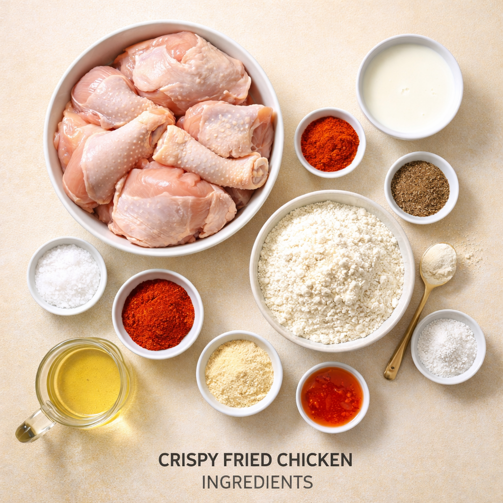 Flat lay of ingredients needed to make crispy fried chicken at home