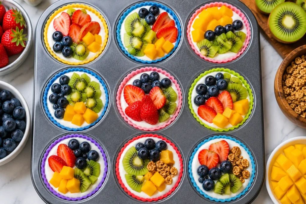 Fresh strawberries, blueberries, kiwi, and mango decorating Skinny Yogurt Parfait Crunch Cups before freezing.
