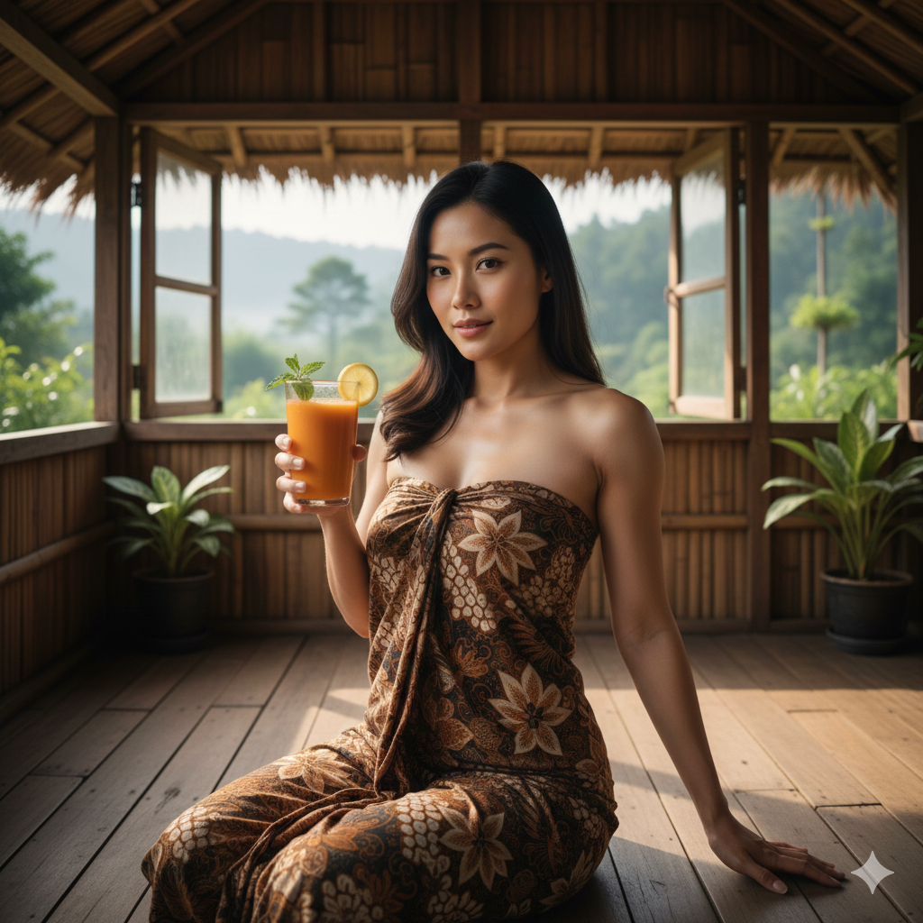 Fresh detox carrot juice with vibrant orange color and smooth texture, served in a clear glass with light condensation, placed on a rustic wooden table inside a traditional hut with soft natural daylight creating a calm healthy lifestyle atmosphere.
