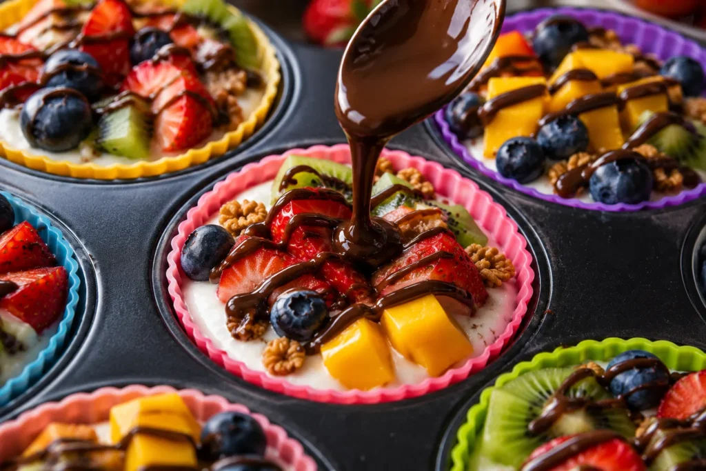 Dark chocolate drizzled over fresh fruit and yogurt parfait cups for a healthy frozen dessert.
