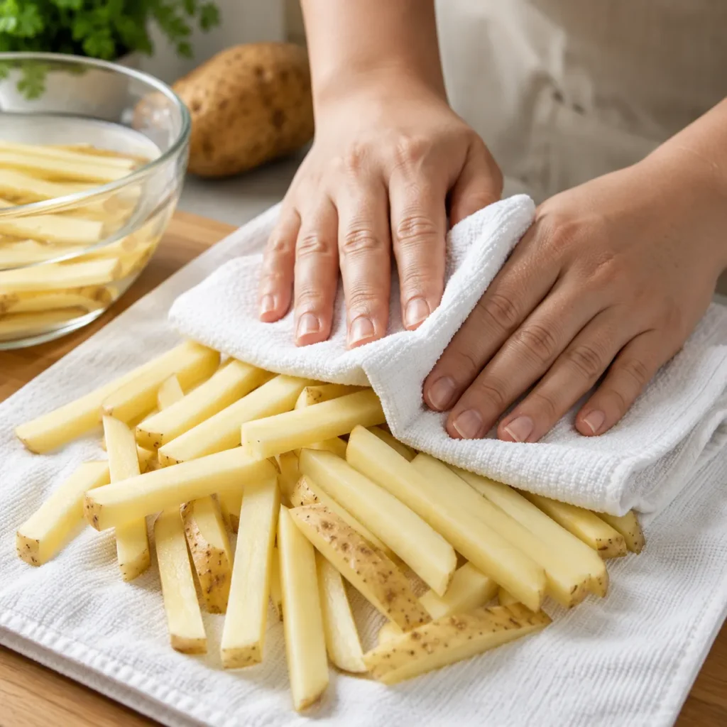 Patting potato fries dry with a clean kitchen towel before seasoning for extra crispy Air Fryer Fries.