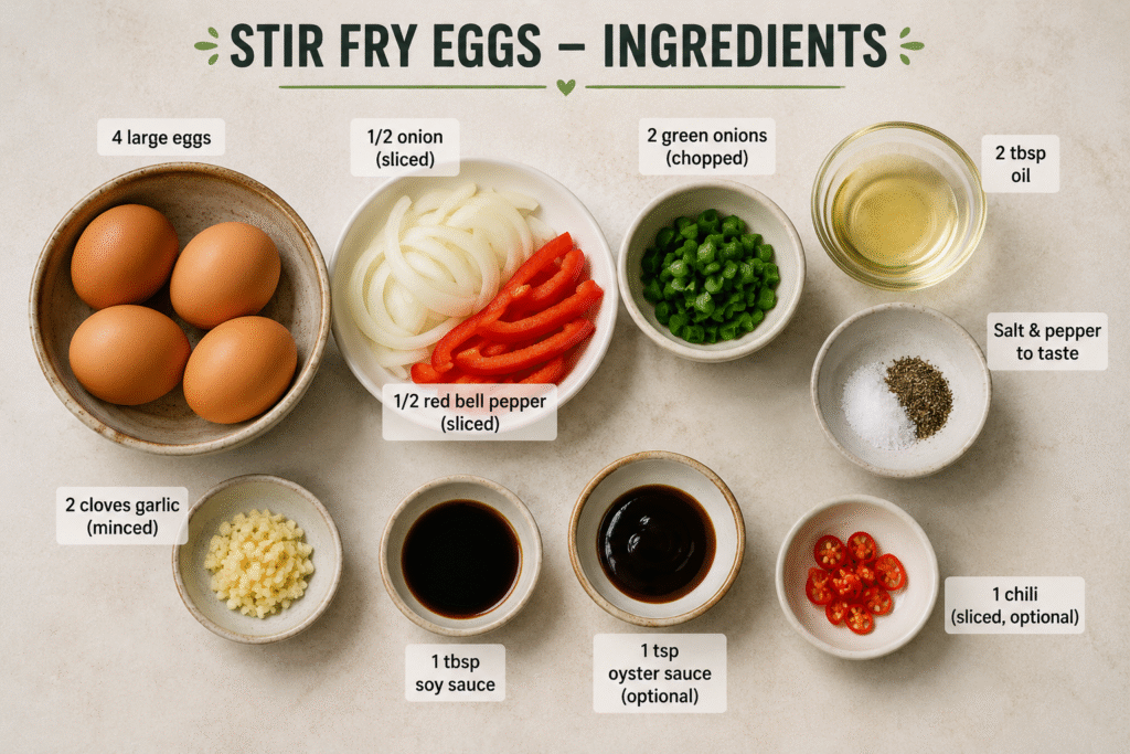 Ingredients for easy budget stir fry eggs including eggs, garlic, onion, soy sauce, chili, and vegetables on a kitchen table