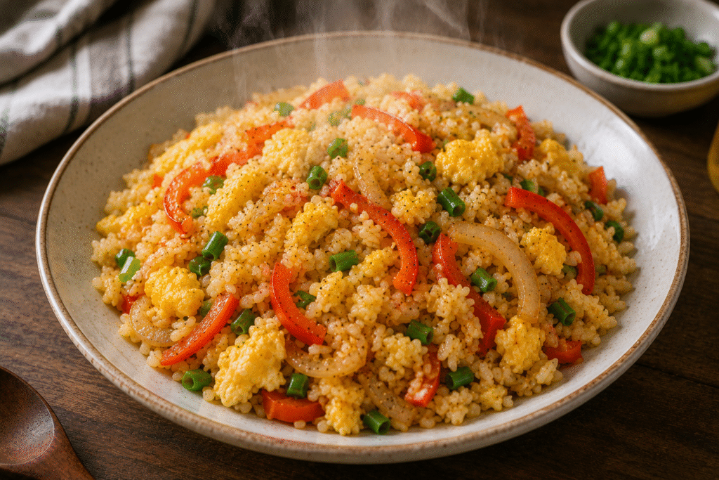 Easy budget stir fry eggs served hot on a plate with steam rising from the dish