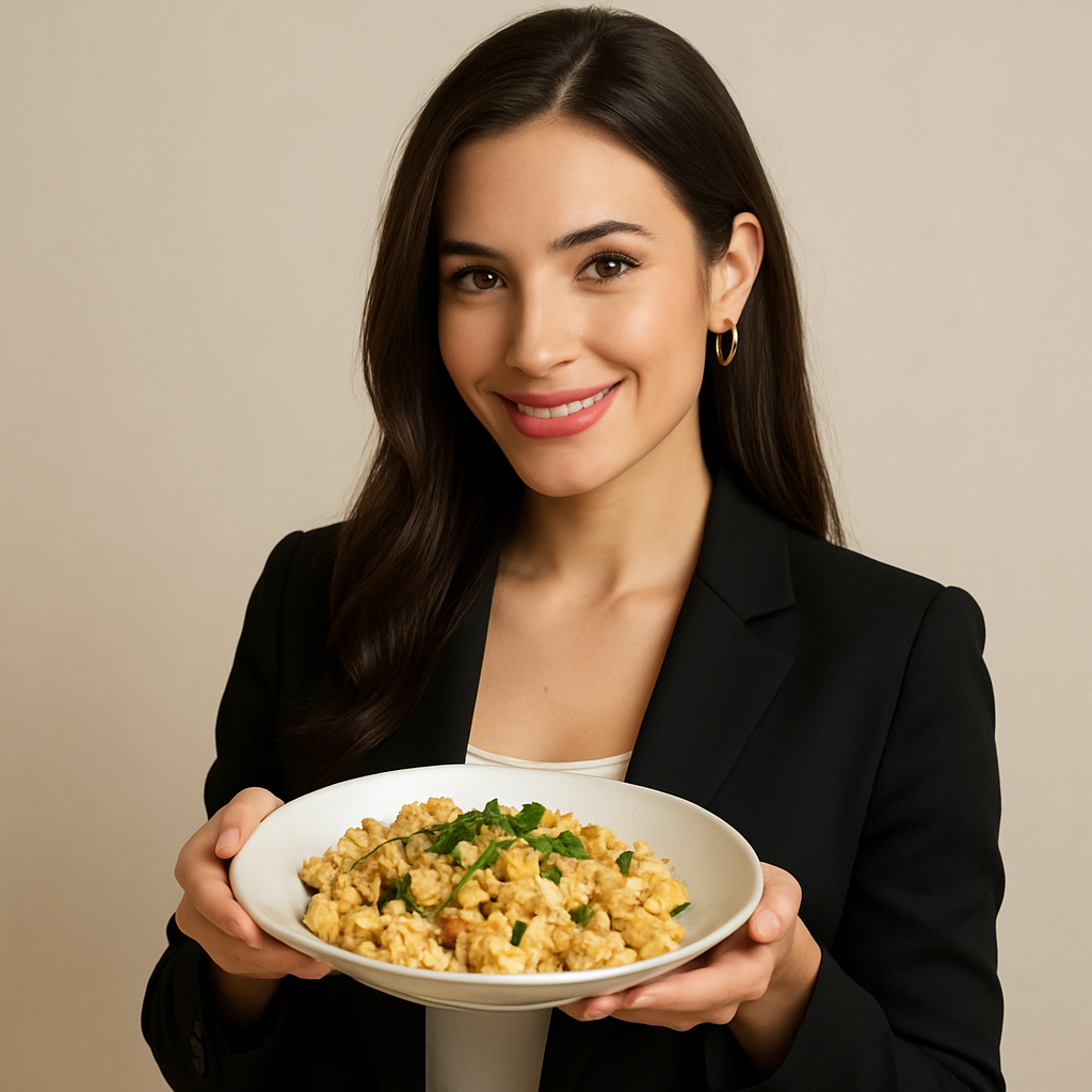 woman in tank top and apron holding a plate of easy budget stir-fry eggs recipe