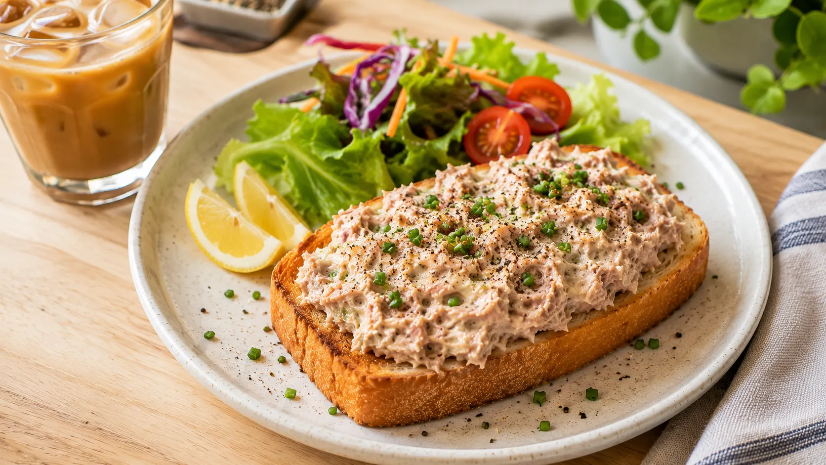 Easy Tuna Mayo Toast on crispy golden bread topped with fresh chives and black pepper, served with salad and iced coffee.