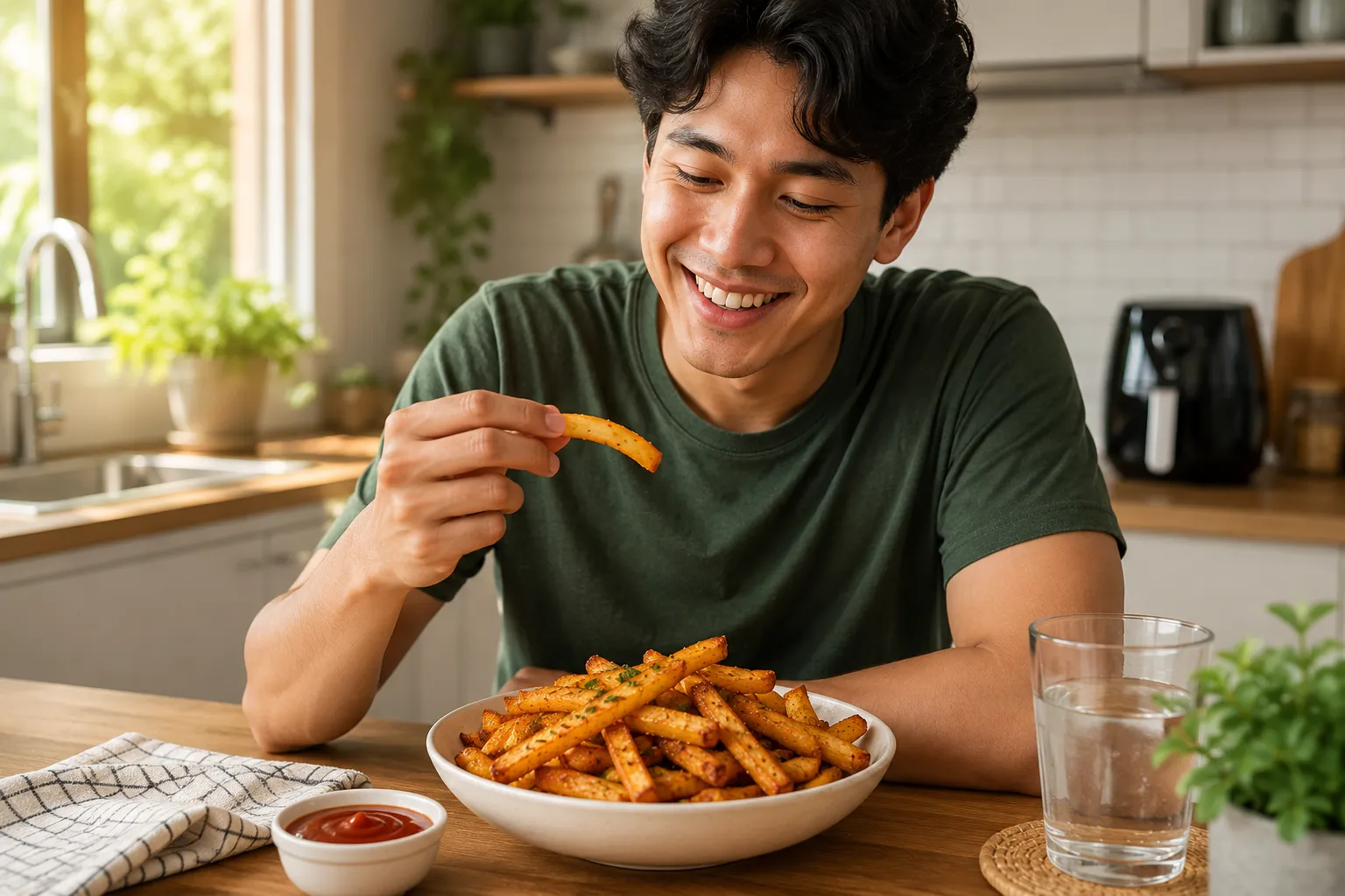 Young adult enjoying homemade crispy Air Fryer Fries in a bright modern kitchen during lunchtime.