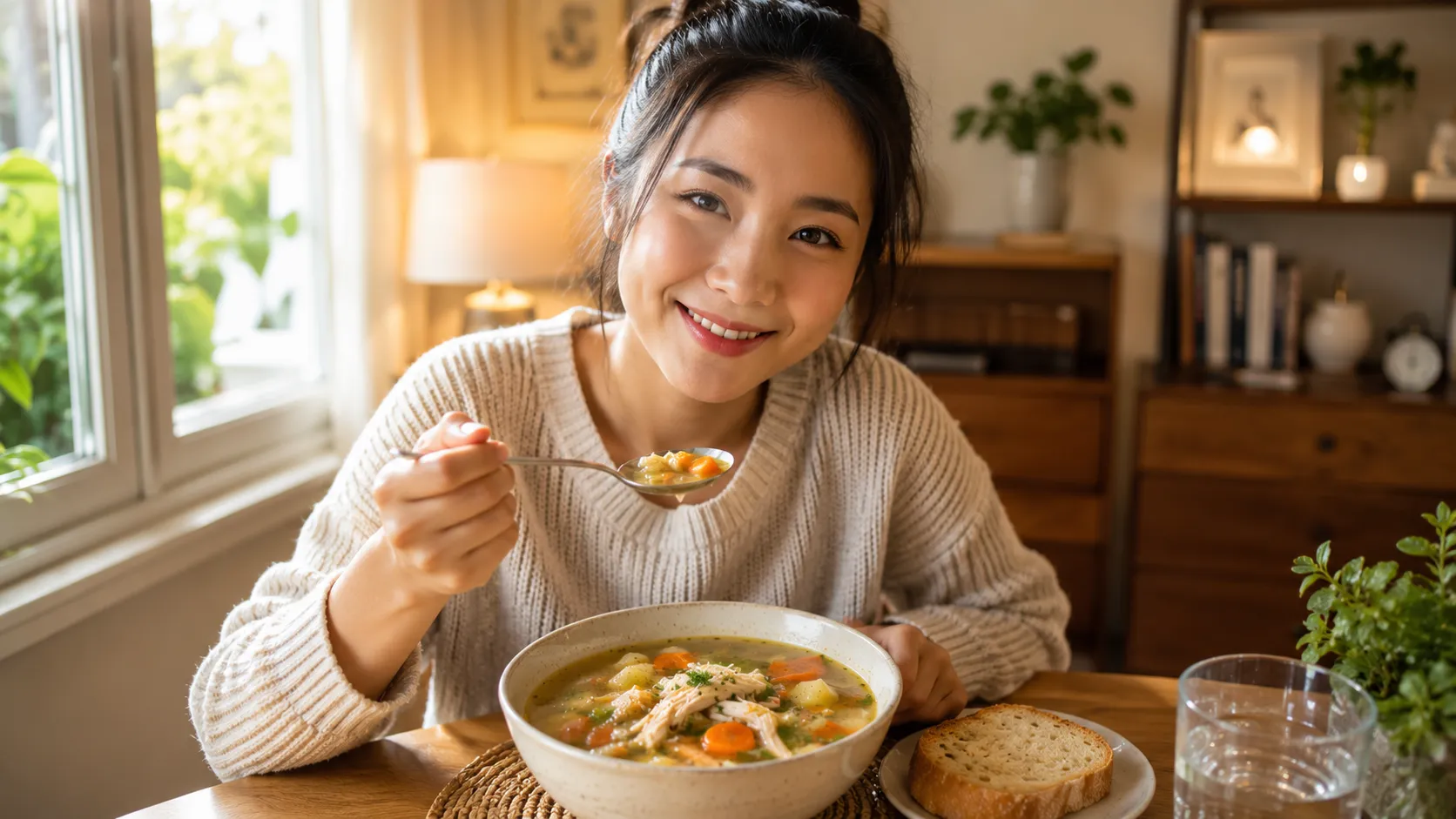 Smiling young adult enjoying a bowl of homemade Quick Savory Chicken Soup at a bright modern dining table.