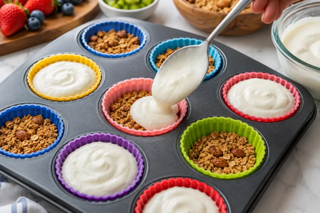 Greek yogurt spooned over the crunchy granola base in silicone muffin cups for frozen yogurt parfaits.