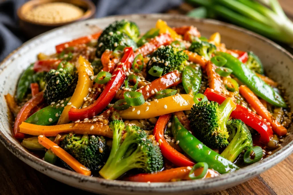 Finished veggie stir-fry topped with sesame seeds and green onions, served warm with a glossy homemade sauce.
