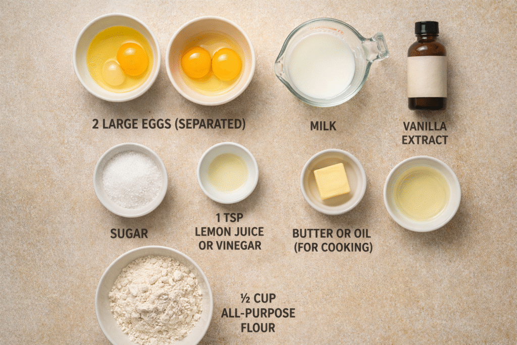 Labeled ingredients for fluffy Japanese pancakes including eggs, milk, sugar, vanilla extract, flour, lemon juice, and butter arranged in a flat lay.