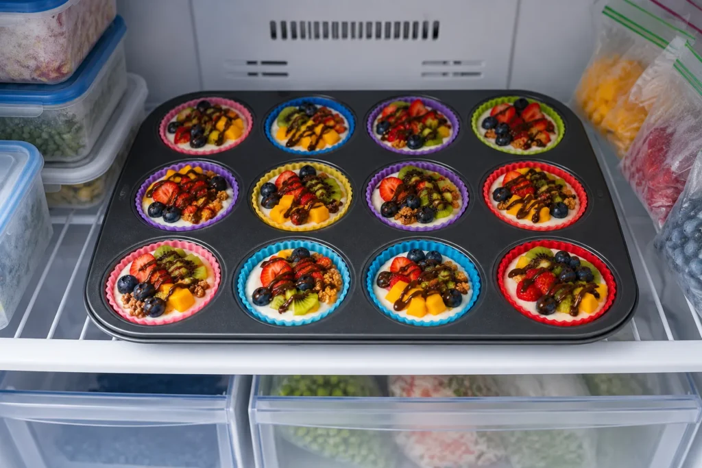 Silicone muffin tray filled with Skinny Yogurt Parfait Crunch Cups placed inside a freezer for meal prep.