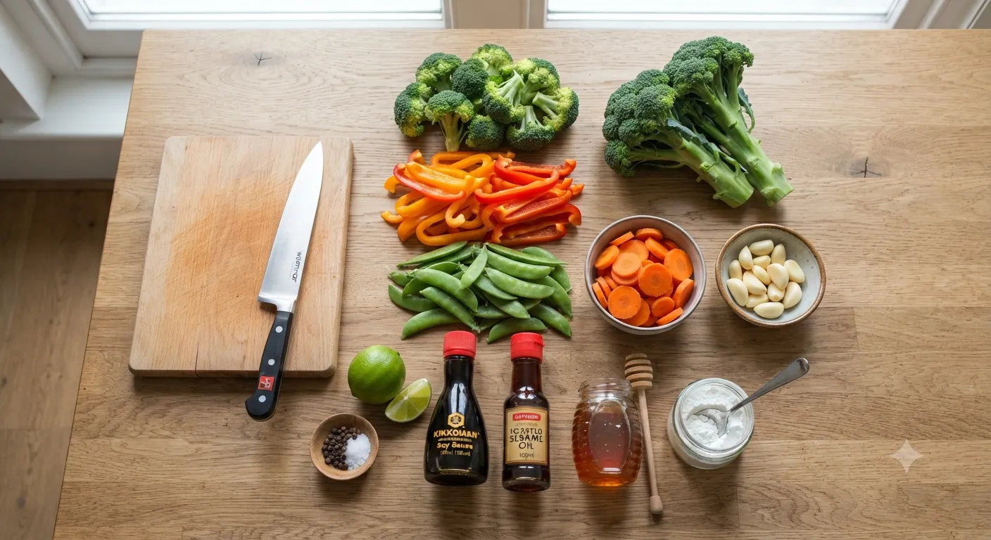 Fresh ingredients for vegetable stir-fry including broccoli, carrots, bell peppers, snap peas, garlic, soy sauce, and sesame oil arranged on a wooden table