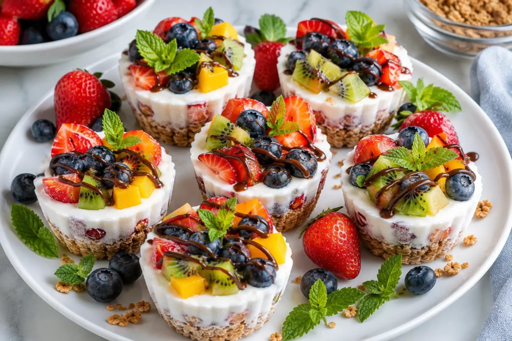 Frozen Skinny Yogurt Parfait Crunch Cups topped with fresh berries and served on a white ceramic plate.