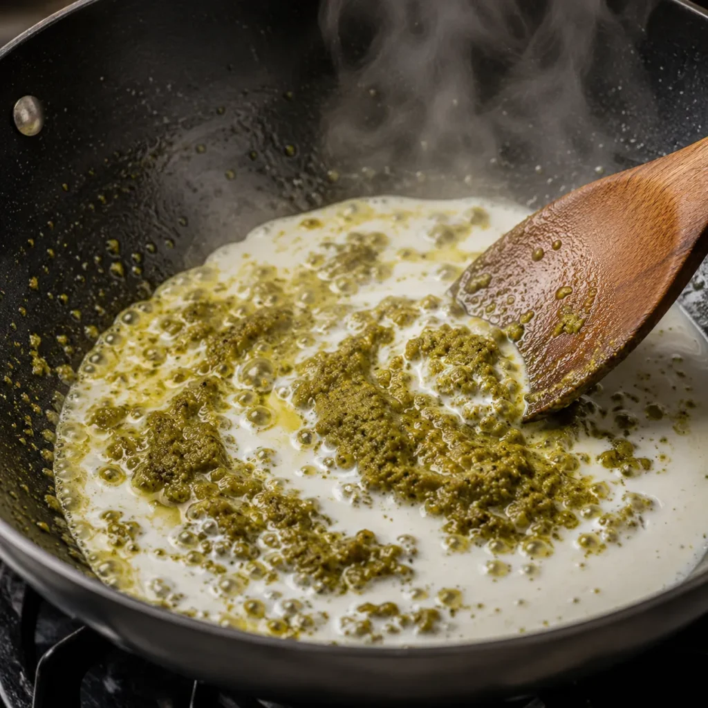 Thai green curry paste frying in coconut milk and vegetable oil inside a wok to build authentic Thai curry flavor.