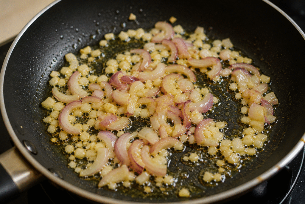 Garlic and onion sizzling in a pan for homemade stir fry eggs