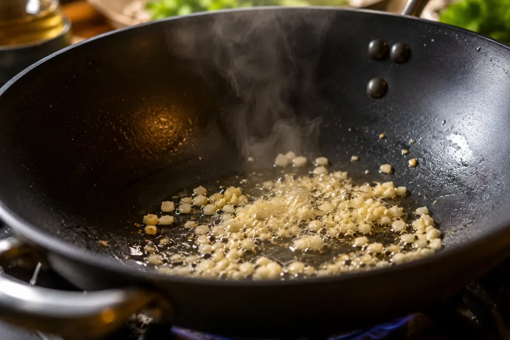 Fresh minced garlic sizzling in sesame oil inside a black wok before adding vegetables for stir-fry.