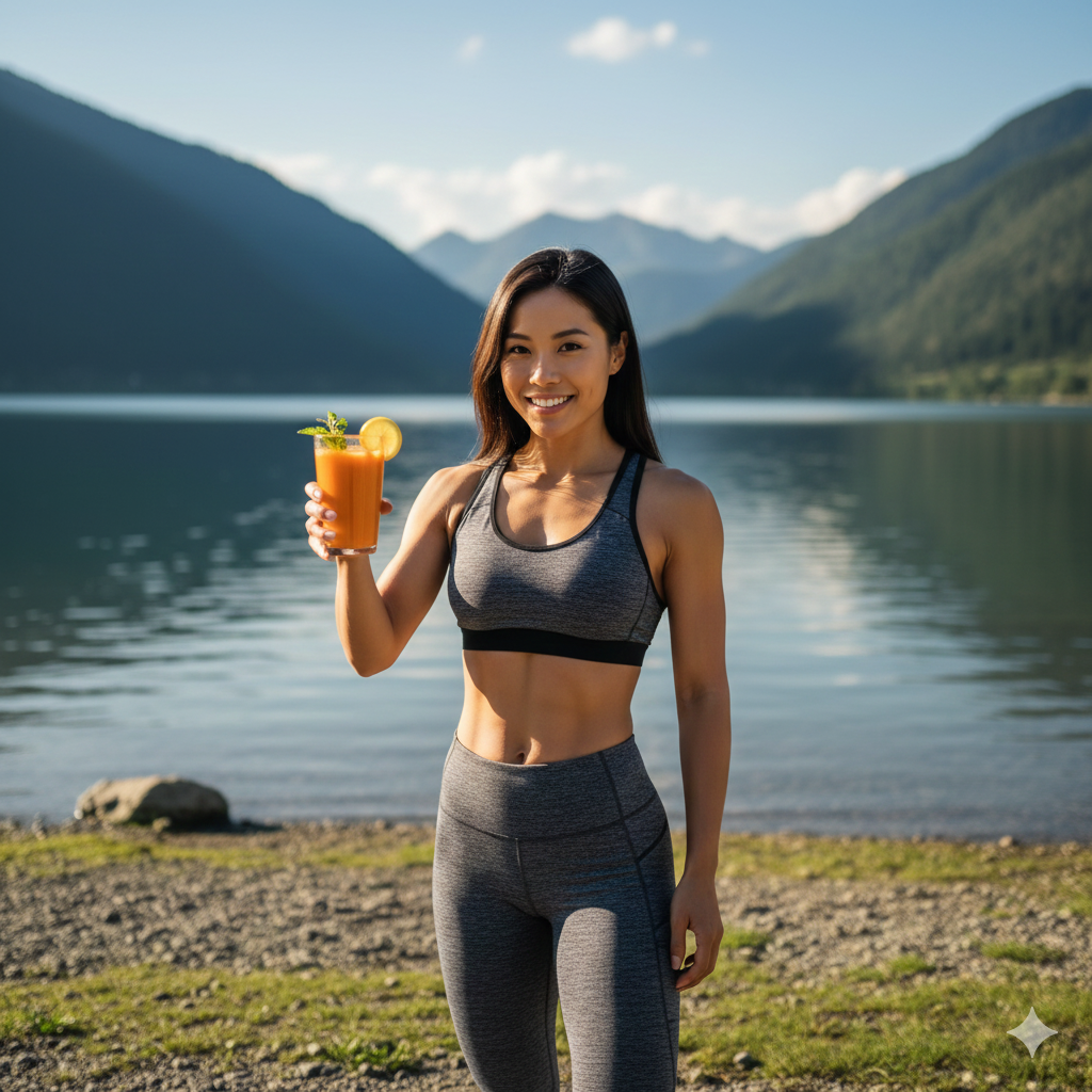 Fresh detox carrot juice in a clear glass bottle with vibrant orange color and light condensation, garnished with carrot slices and mint leaves, placed near a calm lakeside setting with soft natural sunlight and gentle water reflections.