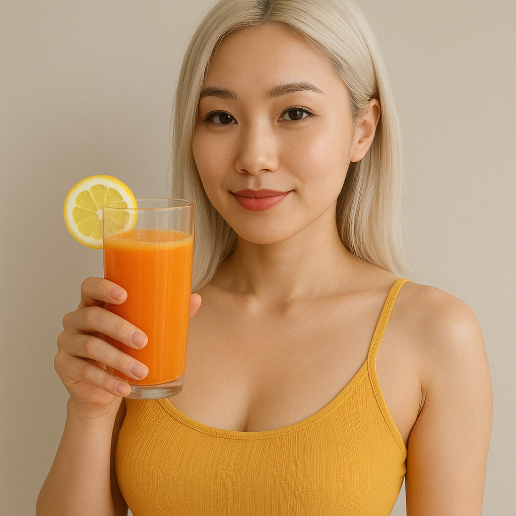 Fresh detox carrot juice with vibrant orange color and smooth texture, served in a clear glass with light condensation and delicate carrot garnish, styled on a clean minimalist background for healthy drink photography.