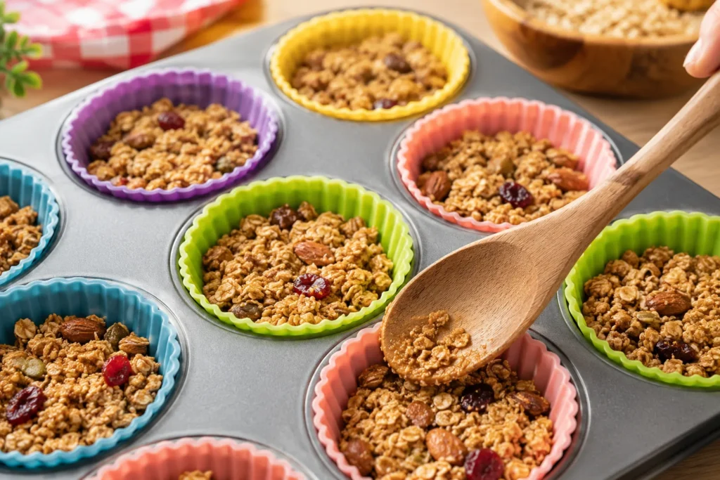 Granola pressed into silicone muffin molds to create the crunchy base for Skinny Yogurt Parfait Crunch Cups.