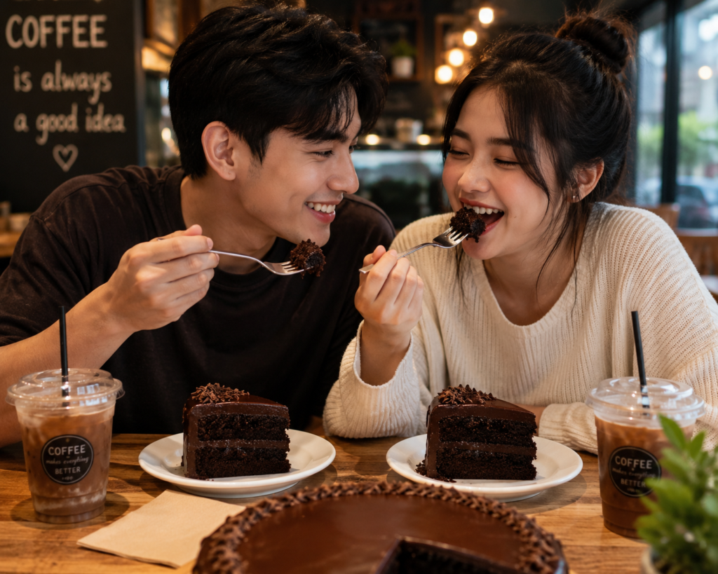 Happy couple enjoying moist chocolate cake slices in a cozy café with warm lighting