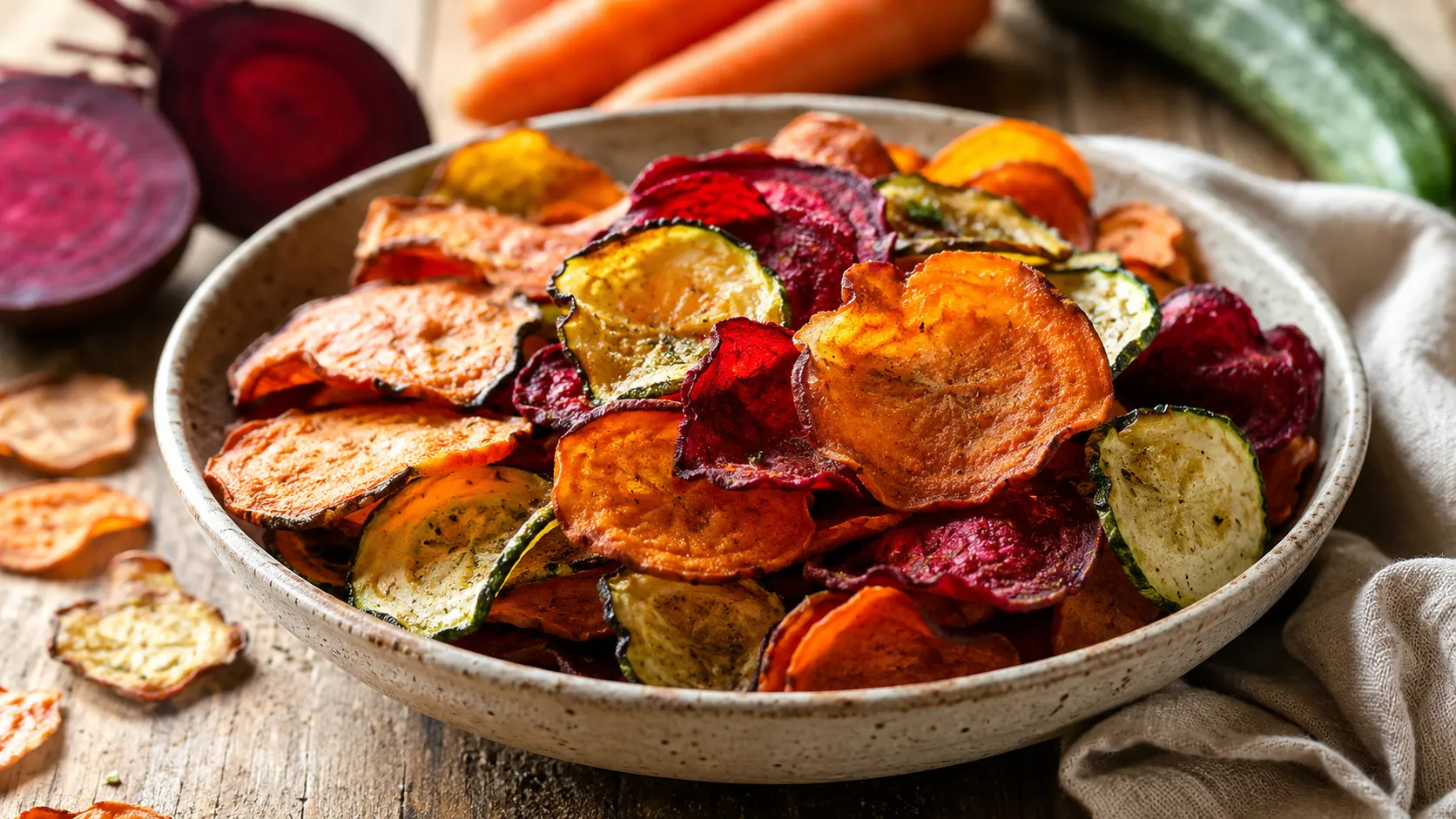Healthy Air Fryer Veggie Chips made with zucchini, carrots, sweet potatoes, and beets served in a rustic bowl with Greek yogurt dip.