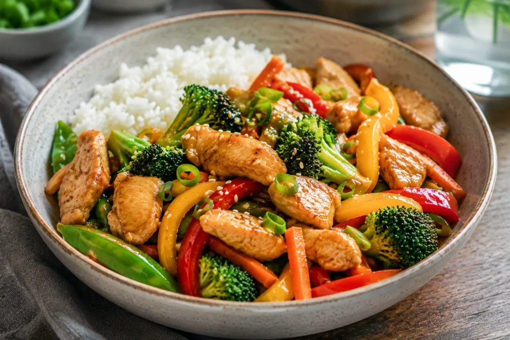 Healthy chicken veggie stir-fry served with steamed jasmine rice in a modern ceramic bowl for an easy homemade meal.