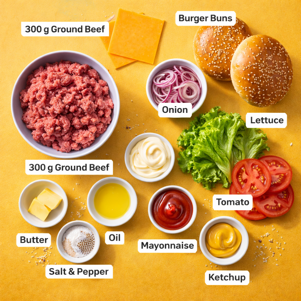 Flat lay of homemade burger ingredients including ground beef, burger buns, cheese, fresh vegetables, and sauces arranged neatly.