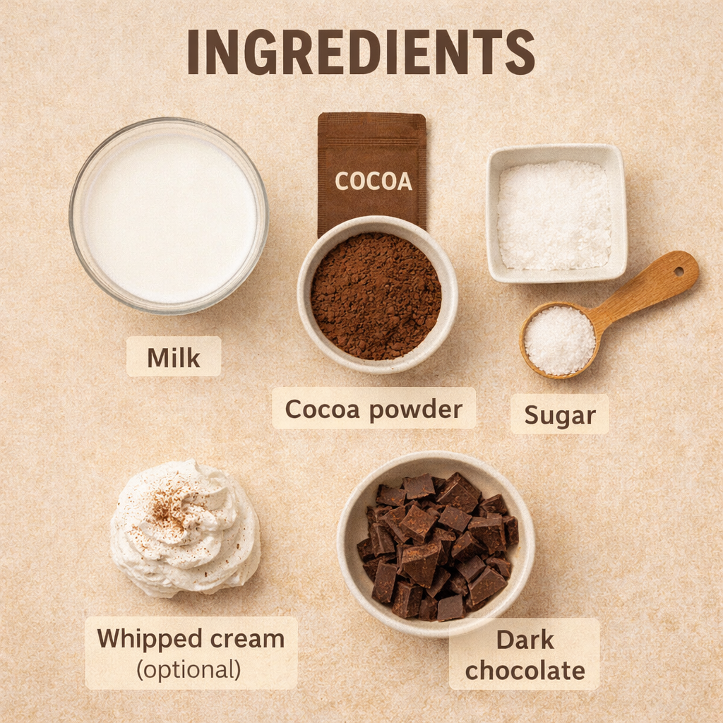 Flat lay of homemade hot chocolate ingredients including milk, cocoa powder, sugar, dark chocolate, and whipped cream on neutral background