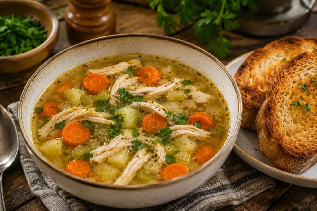 Homemade Quick Savory Chicken Soup served in a ceramic bowl with fresh parsley garnish and toasted bread on the side.