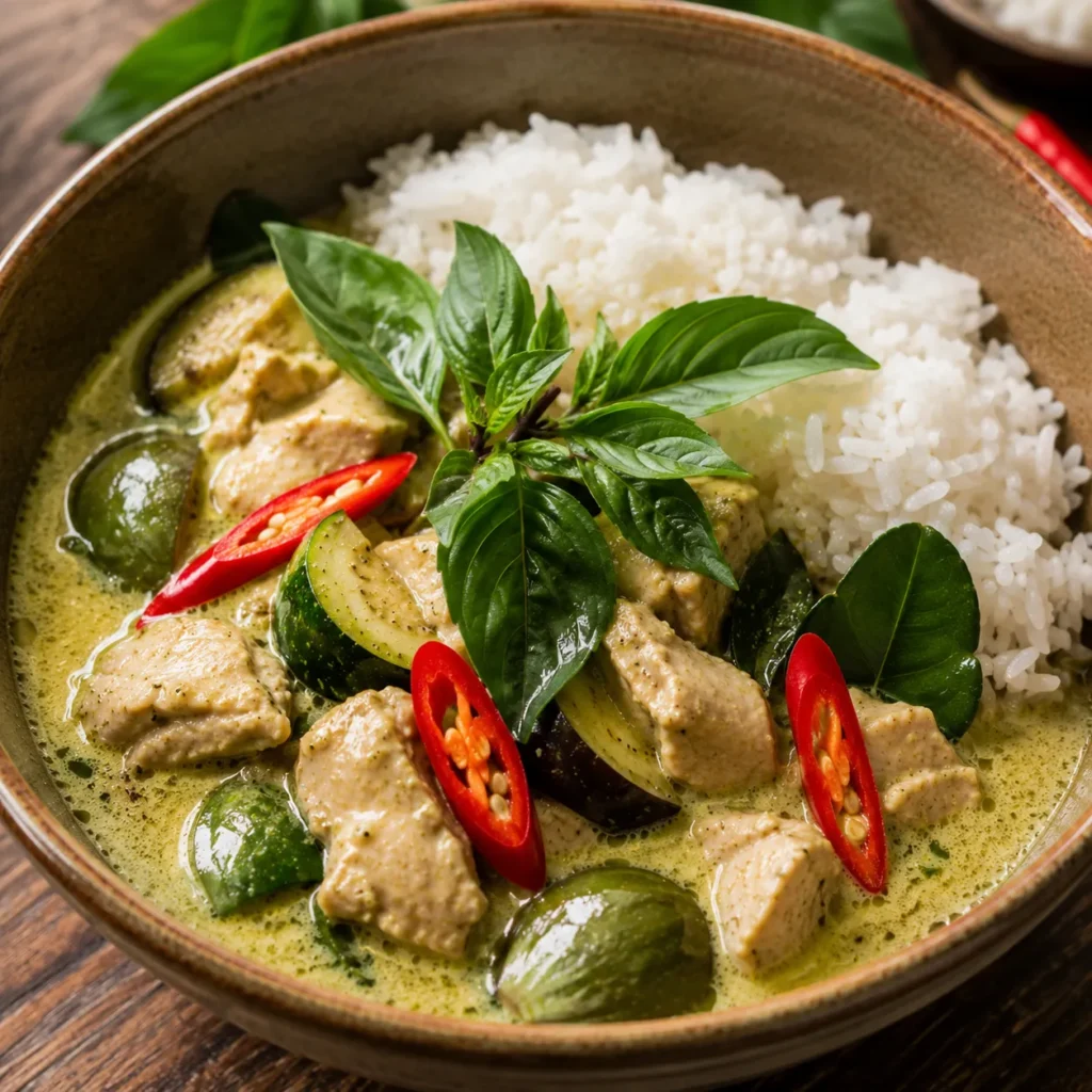 Creamy homemade Thai Green Curry served with steamed jasmine rice and fresh Thai basil garnish.