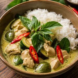 Creamy homemade Thai Green Curry served with steamed jasmine rice and fresh Thai basil garnish.