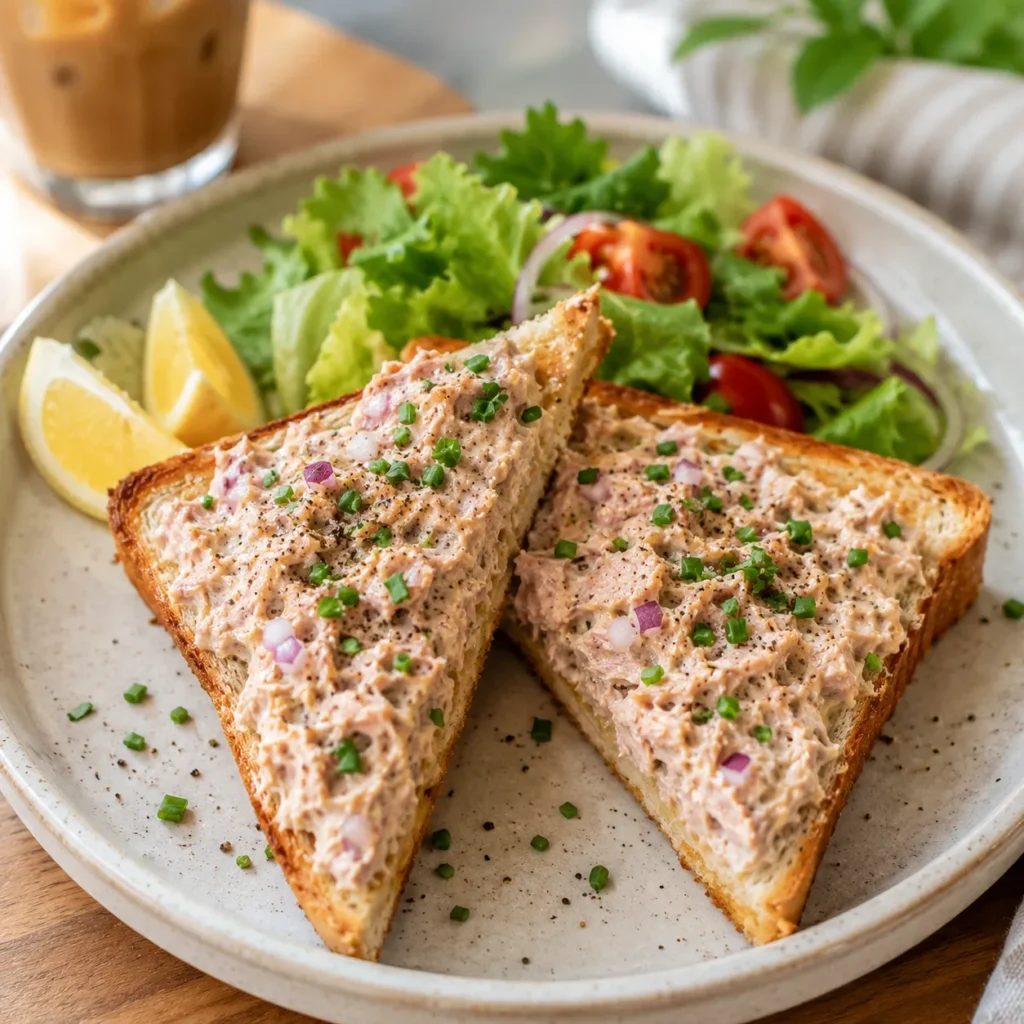 Homemade Tuna Mayo Toast served on a white plate with fresh salad and lemon wedges.