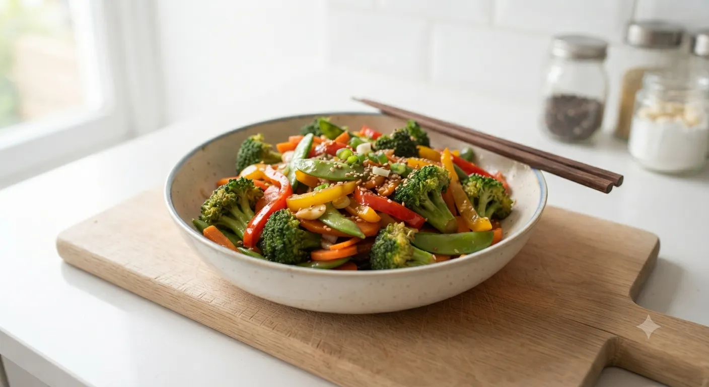 A bowl of homemade vegetable stir-fry with broccoli, carrots, bell peppers, and snap peas in a glossy garlic soy sauce, served in a modern ceramic bowl